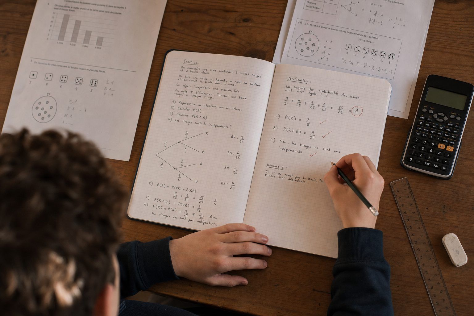 Exemple original : résoudre puis contrôler un exercice de probabilités