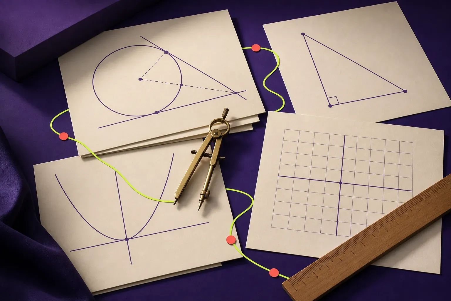 Feuilles de figures géométriques et compas sur fond violet