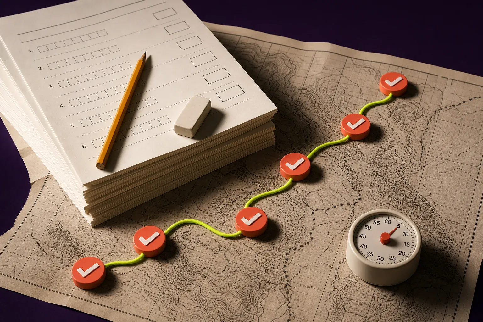 Pile de feuilles d’exercices, crayon et minuteur sur une carte