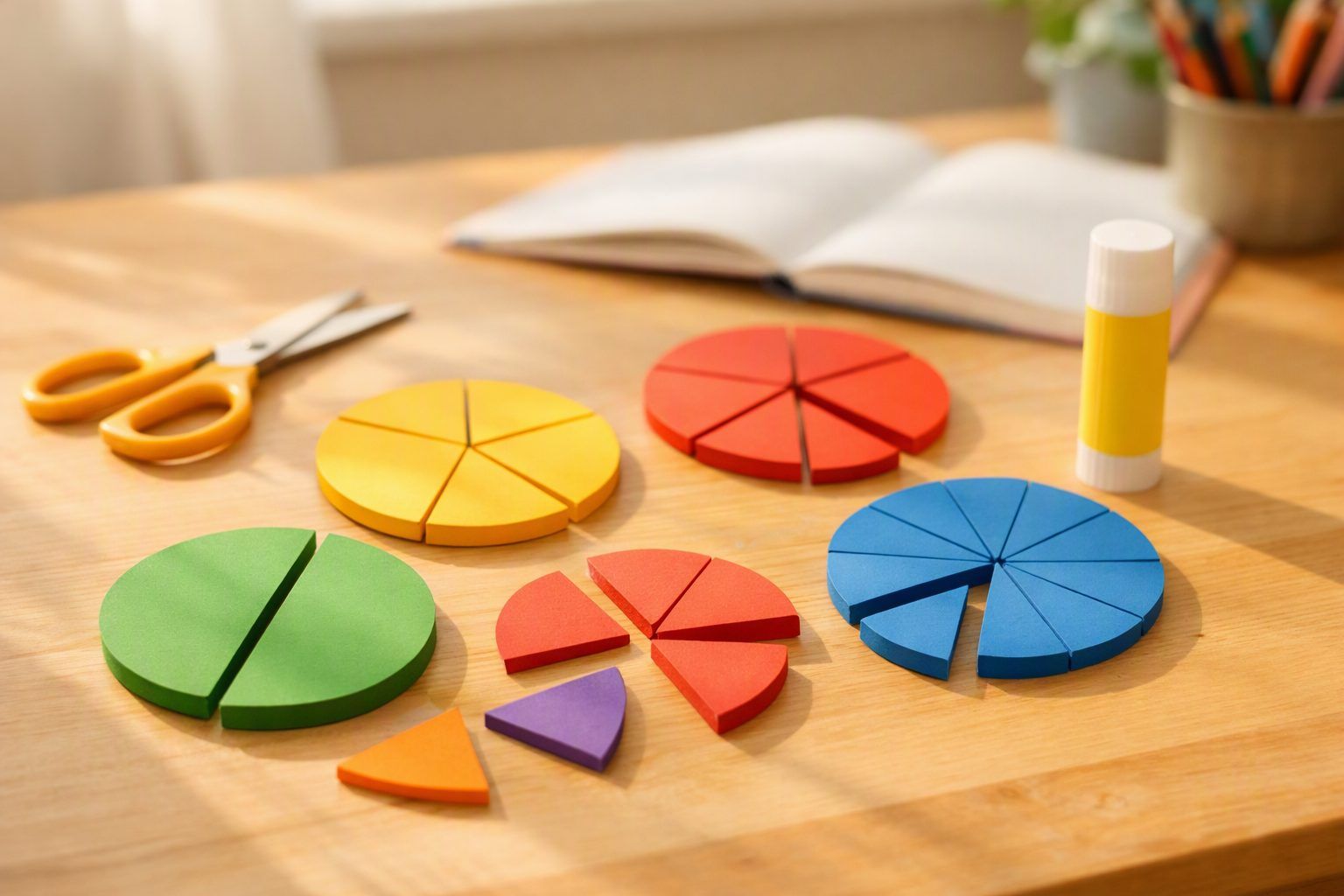 Disques de papier découpés en moitiés, quarts et huitièmes sur une table en bois