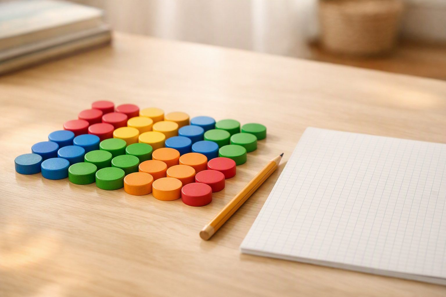 Jetons en bois alignés en rangées égales pour représenter une multiplication